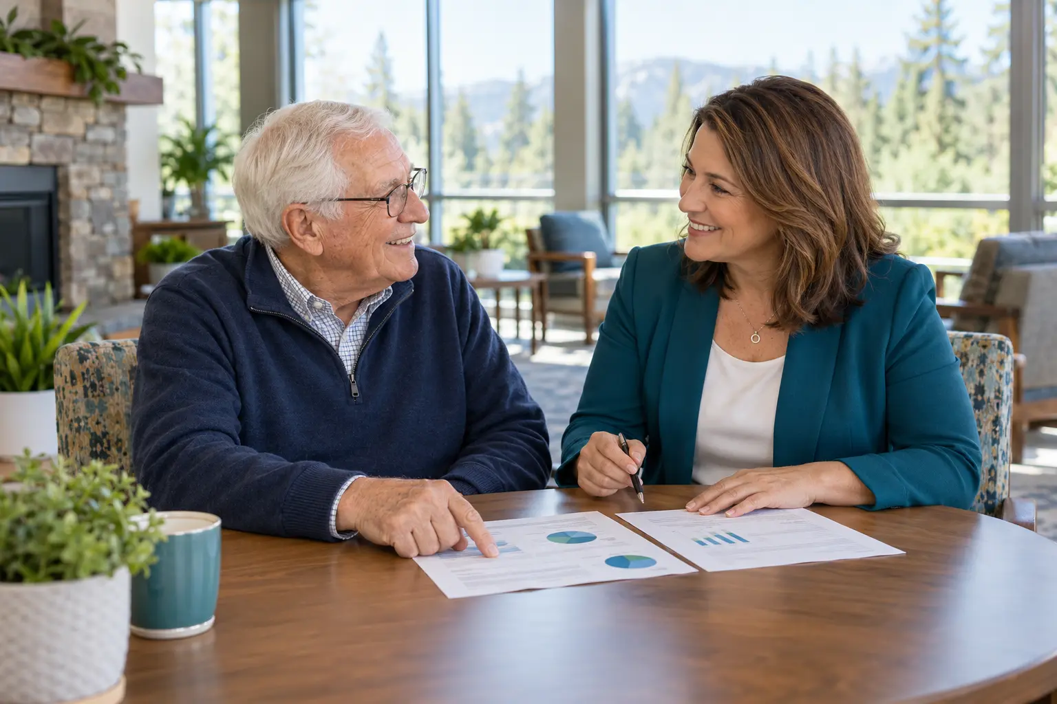 Senior living resident and quality leader reviewing satisfaction results together